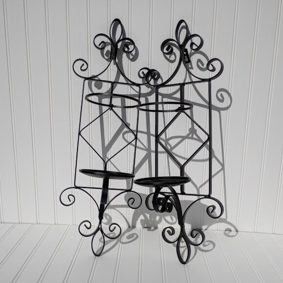 Black Wrought Iron Scroll Metal Wall Sconce Pair Pillar Candle Holders Sconces - Picture 5 of 11